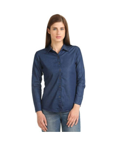 Womens Denim Solid Casual Collared Neck Shirt Navy Blue Fabric